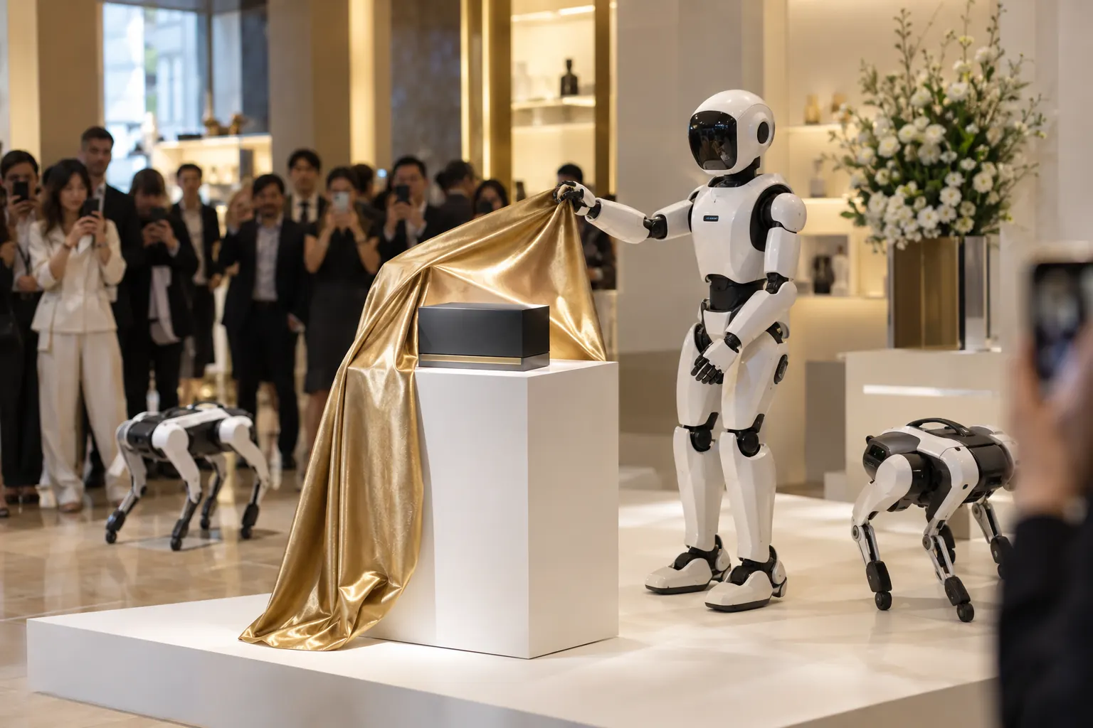 Illustration: a humanoid robot lifts a gold cloth to reveal a product on a podium at a launch