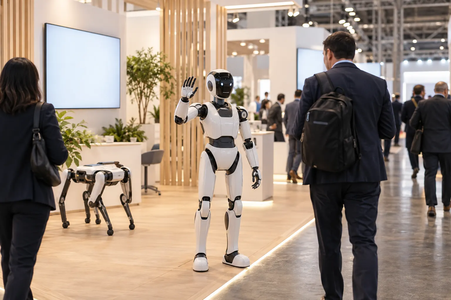 Illustration: a humanoid robot waves to trade visitors on a bright exhibition stand