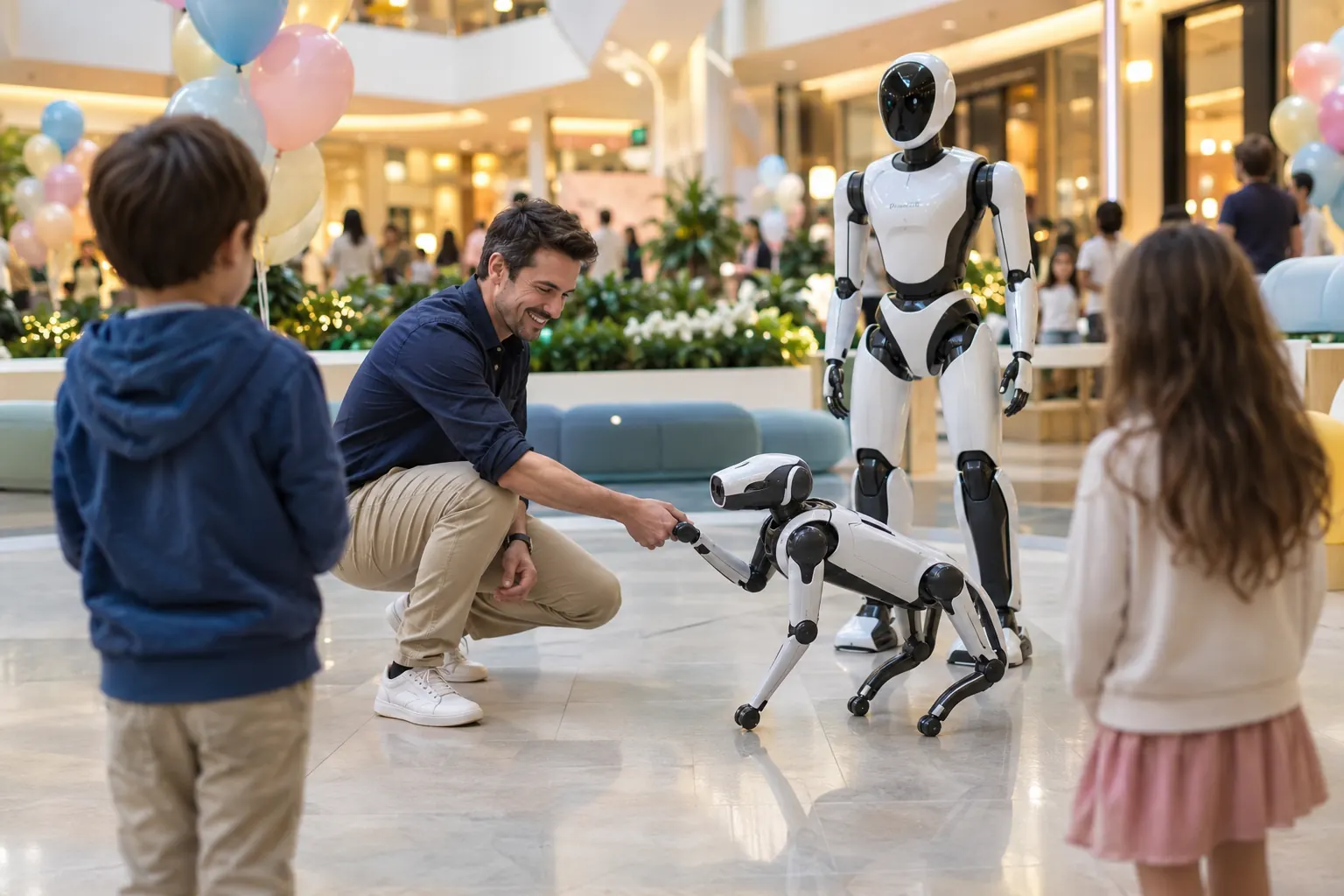 Illustration: a robot dog gives a paw to a father in a mall court while children watch