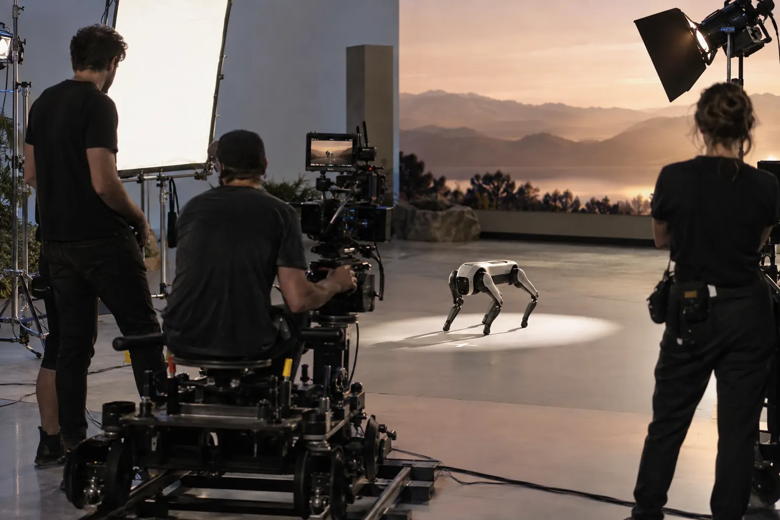 Illustration: a robot dog stands on its mark in front of a cinema camera on a film set
