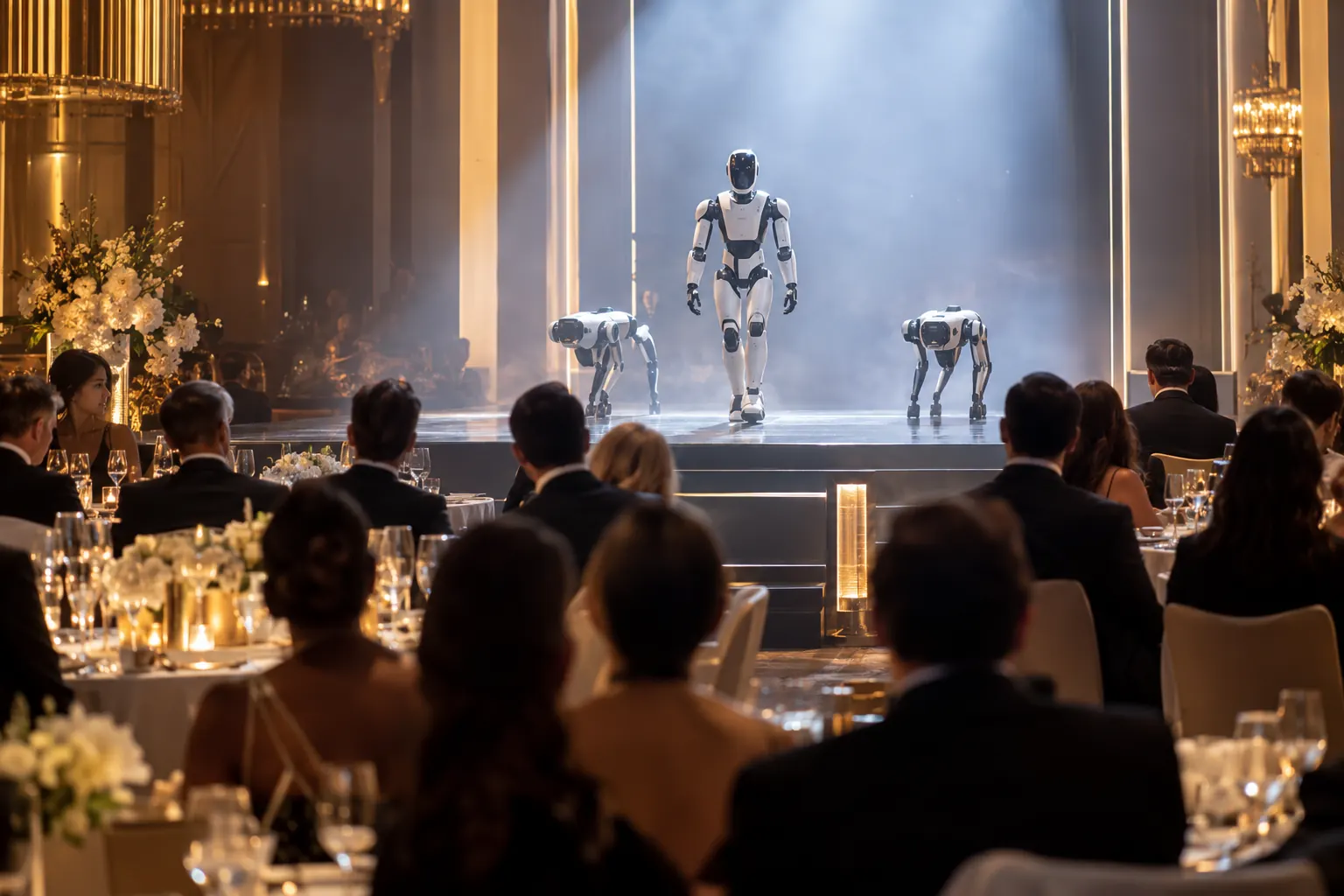 Illustration: a humanoid robot walks through stage haze for a reveal at a gala dinner