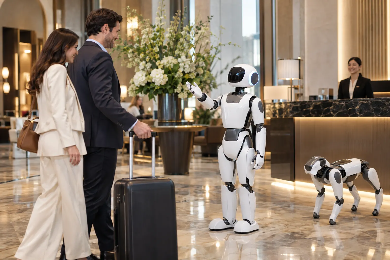 Illustration: a humanoid robot greets arriving guests in a luxury hotel lobby