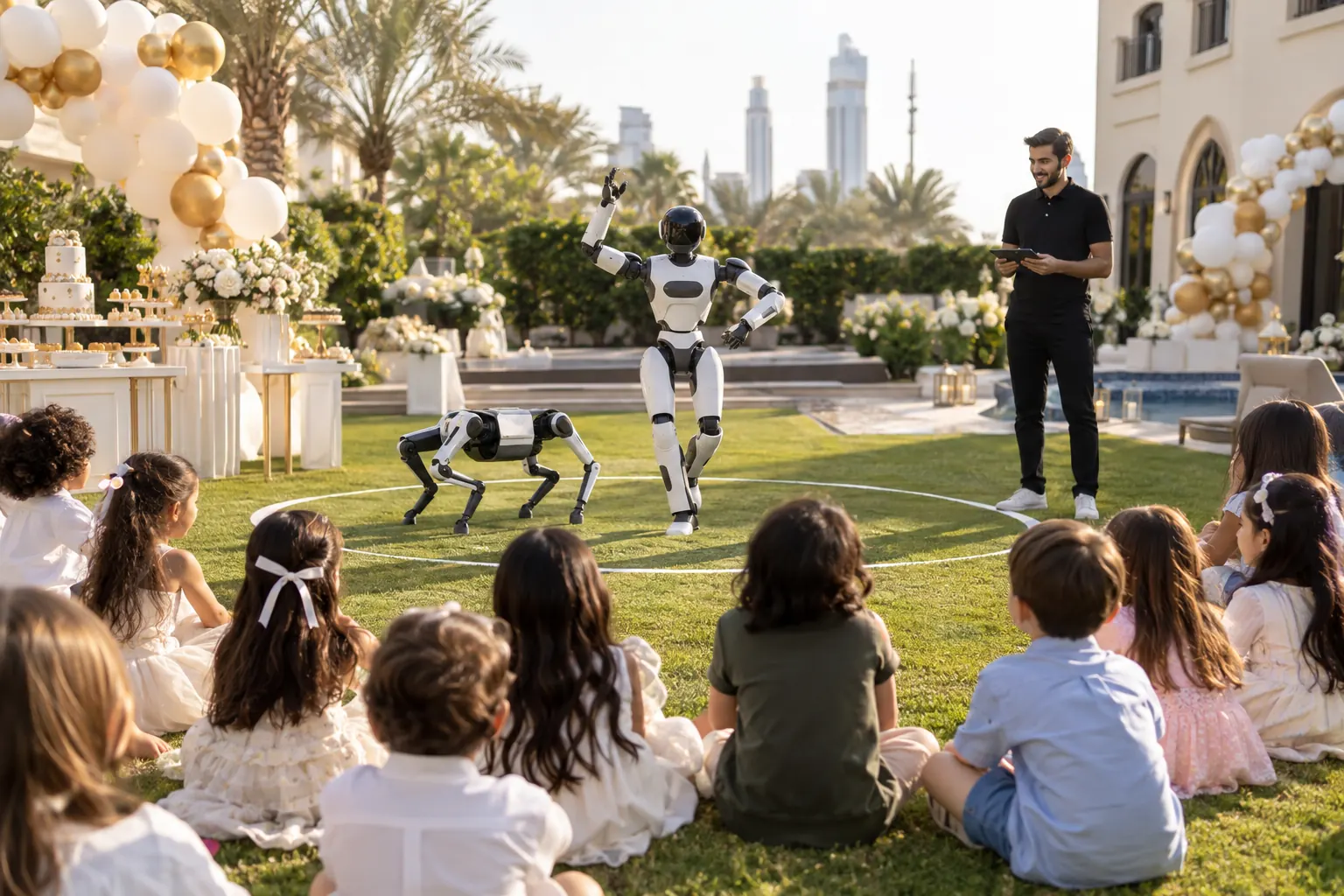 Illustration: a robot dog and a compact humanoid robot dance for children sitting on the lawn at a garden birthday party