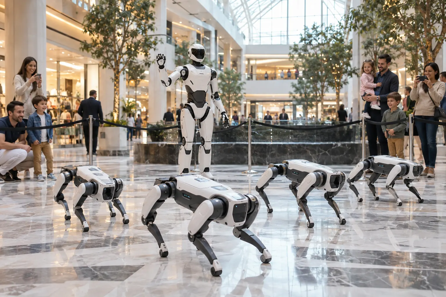 Illustration: robot dogs perform a formation in a roped-off area of a bright mall atrium while families watch
