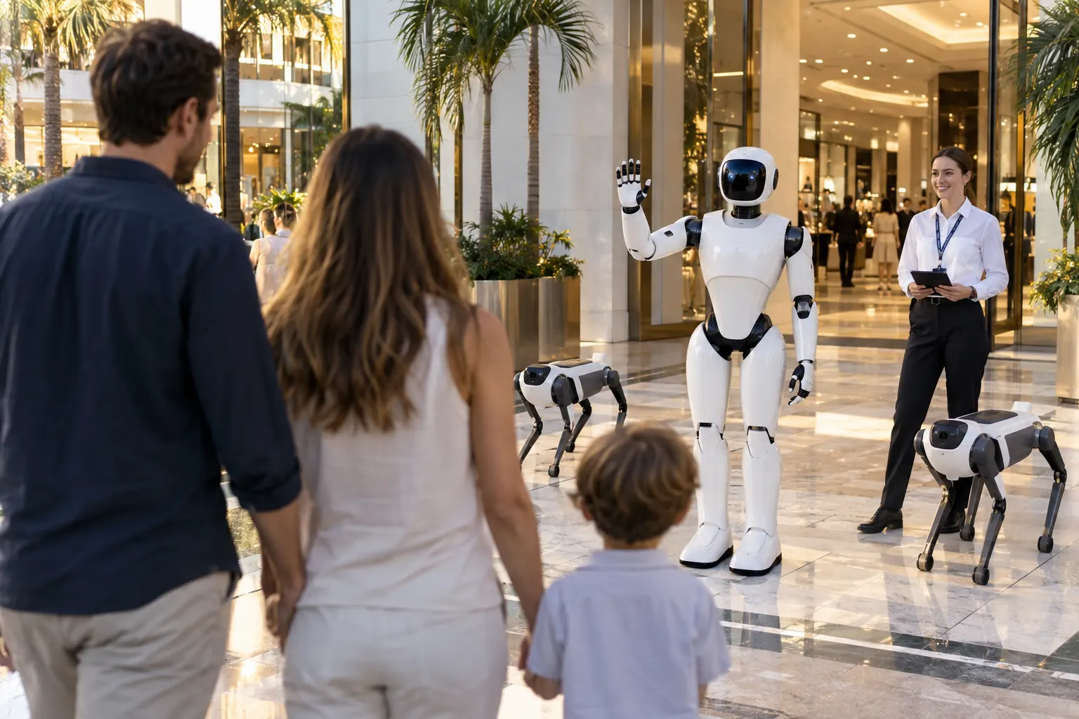 Illustration: a humanoid robot waves to a family at a mall entrance with an operator nearby