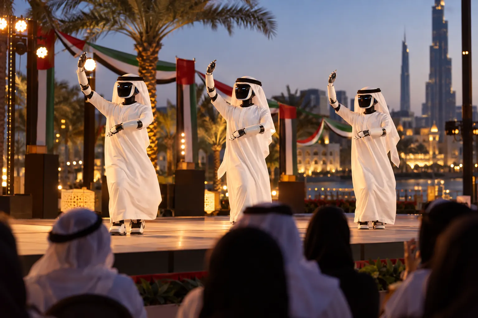 Illustration: three humanoid robots in white Emirati-style robes dance on an outdoor stage decorated in UAE colours