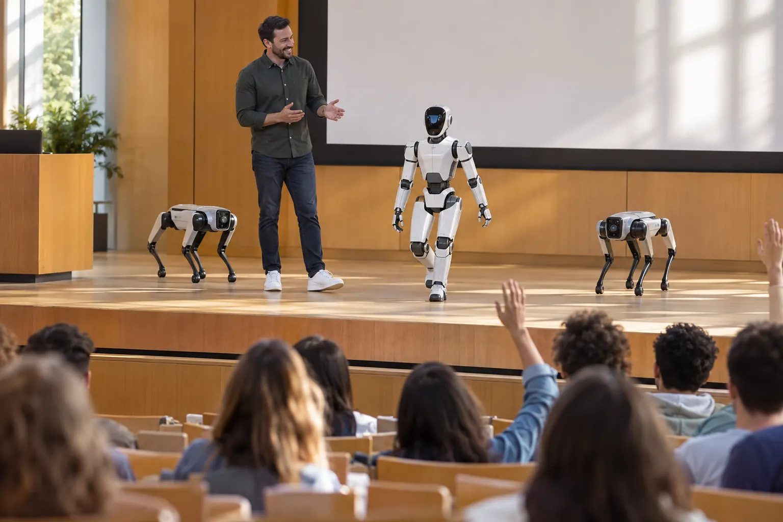 Illustration: a humanoid robot demonstrates walking on an auditorium stage while students raise their hands