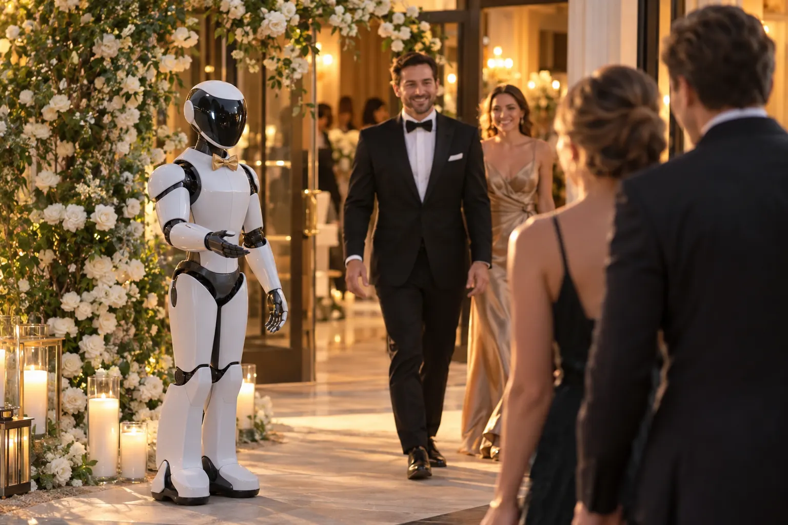 Illustration: a humanoid robot with a gold bow tie welcomes guests at a wedding entrance with a floral arch